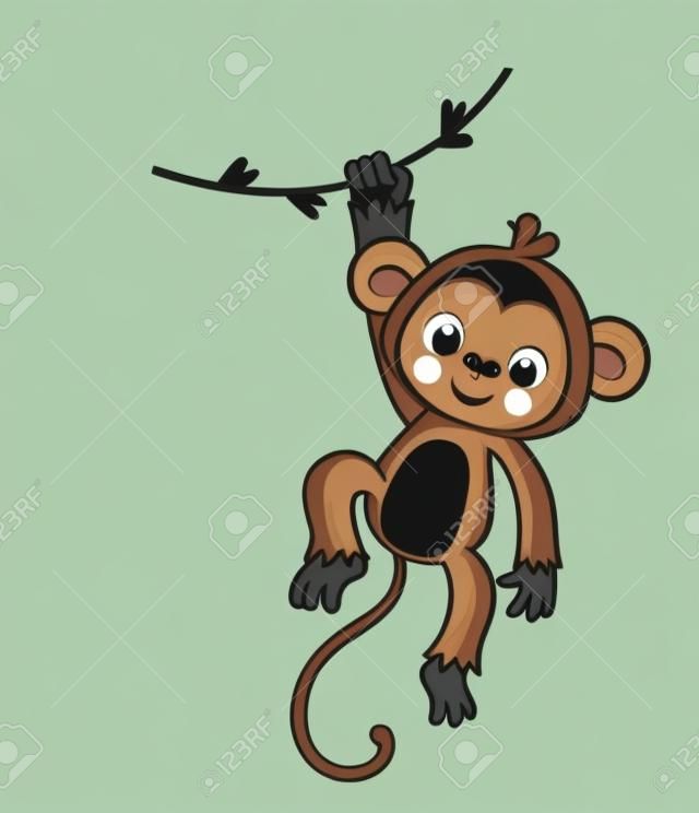 Scimmia appesa a liana. Illustrazione vettoriale in stile cartone animato. Animale carino.