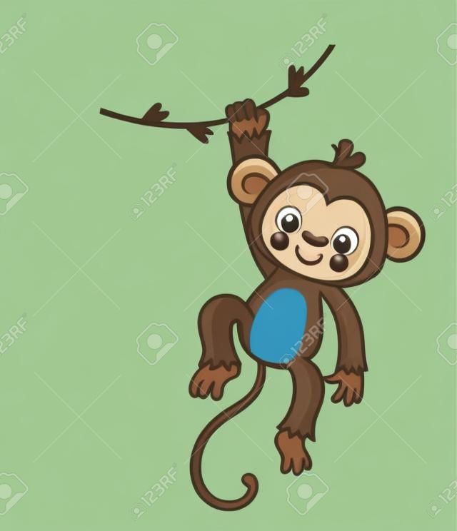Małpa wisi na lianie. Ilustracja wektorowa w stylu cartoon. Słodkie zwierzę.