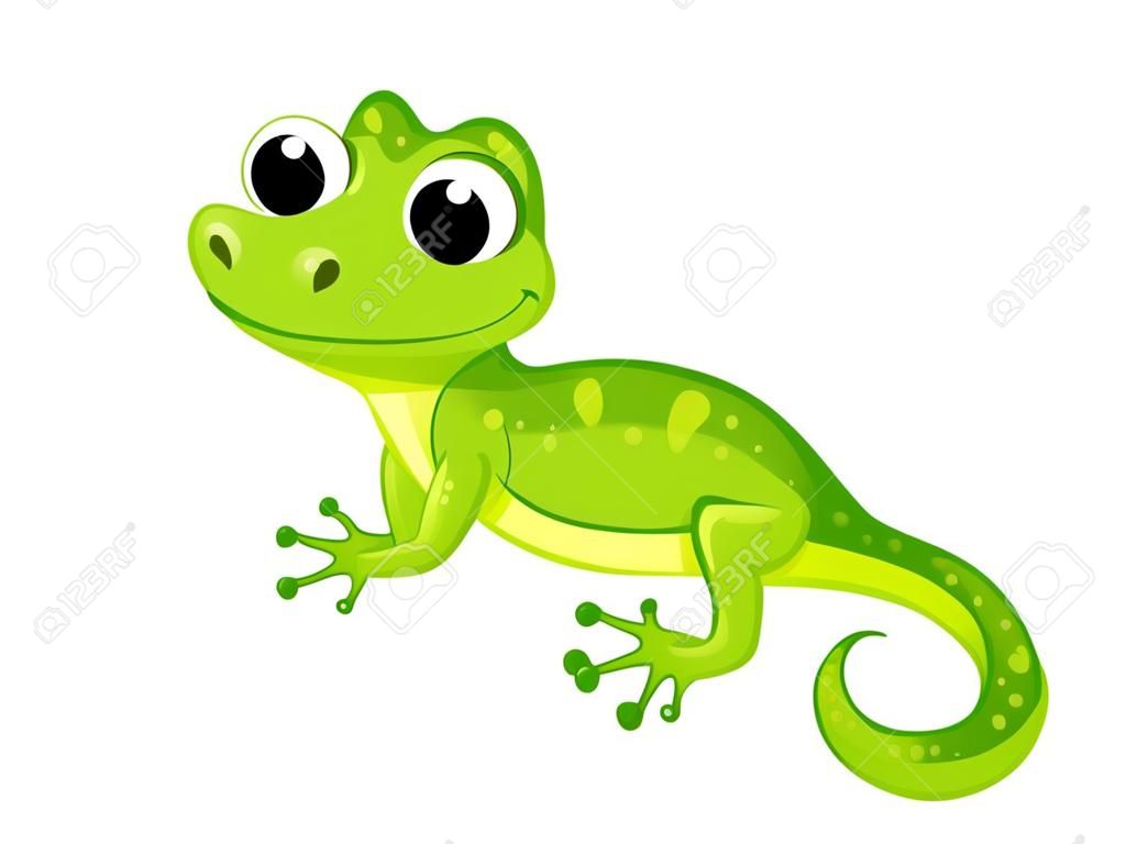 Piccola lucertola verde divertente in stile cartone animato su sfondo bianco. Illustrazione vettoriale con simpatici animali.