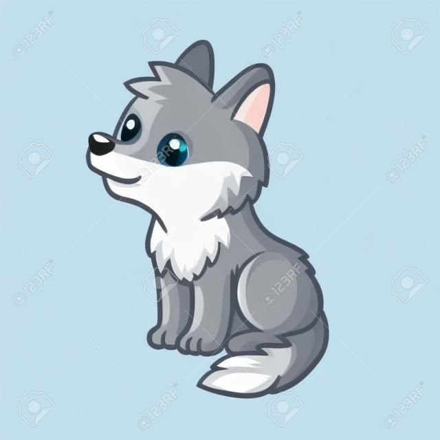 Lindo cachorro de lobo gris se sienta sobre un fondo blanco. Cachorro de lobo en estilo de dibujos animados.