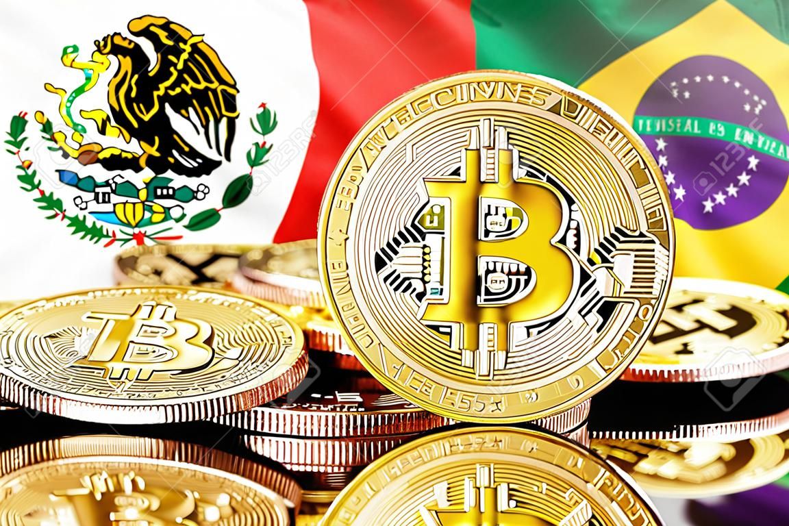 Concept for investors in cryptocurrency and Blockchain technology in the Mexico and Brazil. Bitcoins on the background of the flag Mexico and Brazil.