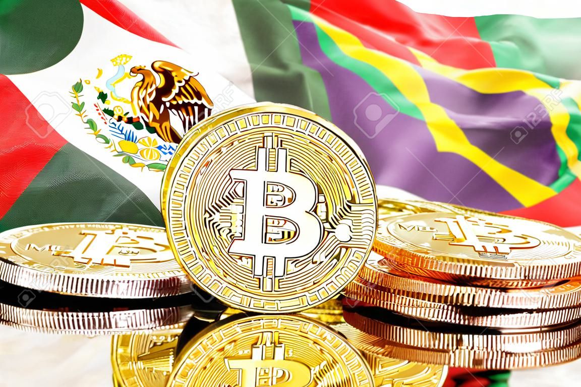 Concept for investors in cryptocurrency and Blockchain technology in the Mexico and Brazil. Bitcoins on the background of the flag Mexico and Brazil.