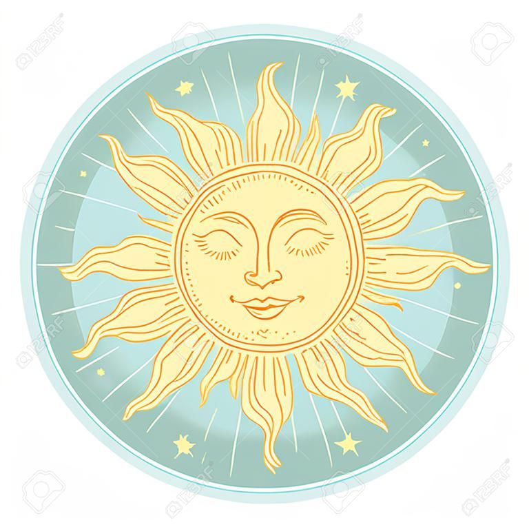 Рисованное солнце с лицом и звездообразованием, стилизованное под гравировку. Может использоваться как принт для футболок и сумок, открыток, элемент декора. Векторный символ астрологии