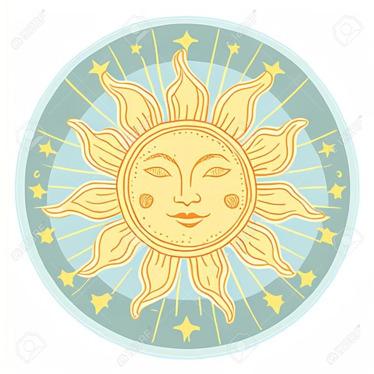 Рисованное солнце с лицом и звездообразованием, стилизованное под гравировку. Может использоваться как принт для футболок и сумок, открыток, элемент декора. Векторный символ астрологии