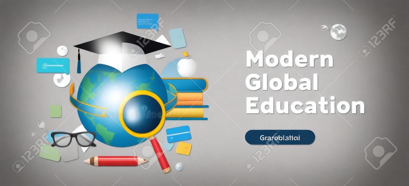 Modernes globales Bildungskonzept mit Globus in Abschlusskappe, Lupe, Suchleisten, Büchern und Bleistift. Vektor-Banner-Vorlage. E-Learning-Schule, Prüfungsvorbereitung, moderne Bildung.