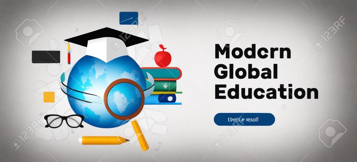 Modernes globales Bildungskonzept mit Globus in Abschlusskappe, Lupe, Suchleisten, Büchern und Bleistift. Vektor-Banner-Vorlage. E-Learning-Schule, Prüfungsvorbereitung, moderne Bildung.