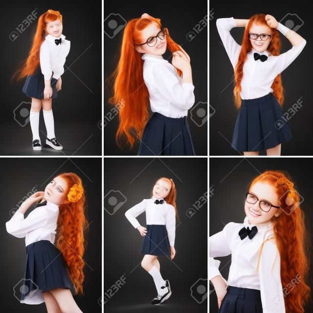 Pretty redhead schoolgirl on dark background. School, fashion, education concept