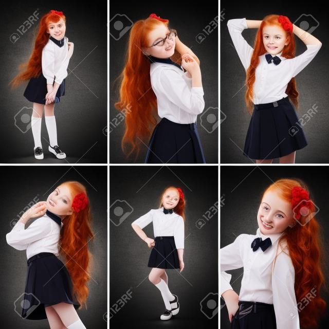 Pretty redhead schoolgirl on dark background. School, fashion, education concept