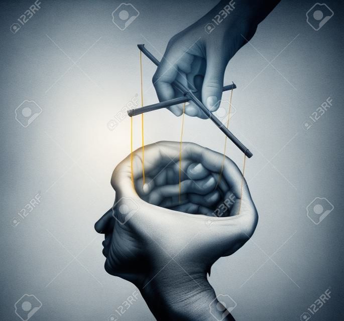 beeld van een hand, die de geest van een andere persoon manipuleert, geïsoleerd en getemperd