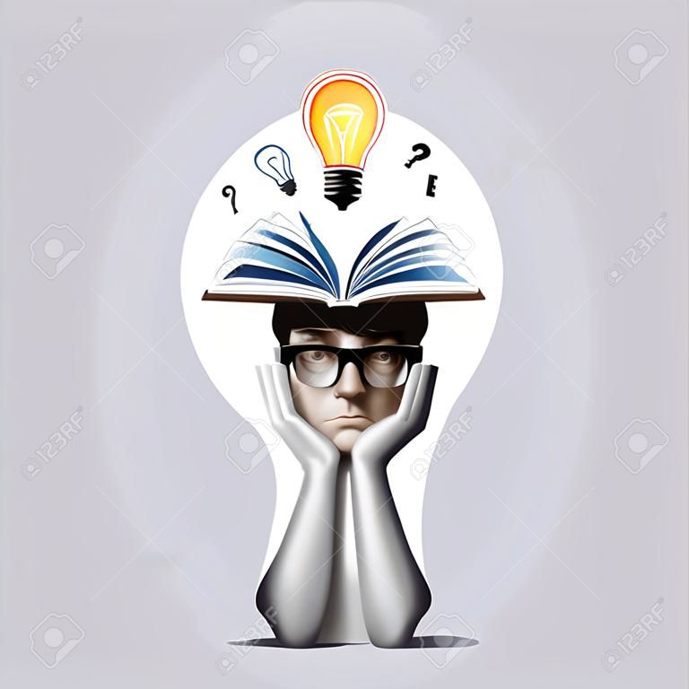 新しいアイデアの比喩として、開いた本と電球を持って頭を下げます。アートコラージュ。