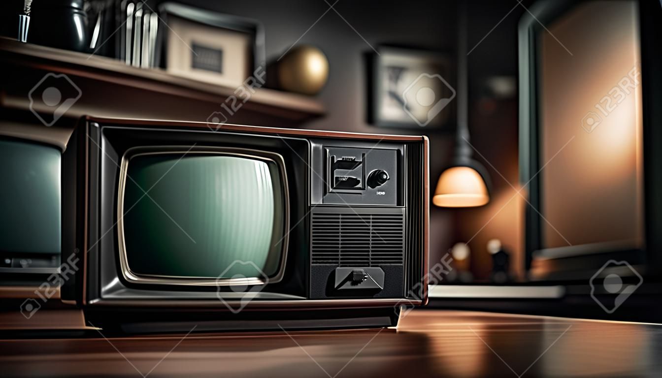 illustration of an old retro television in a dimly lit room. The television is the focal point, casting a warm glow in the otherwise dark space