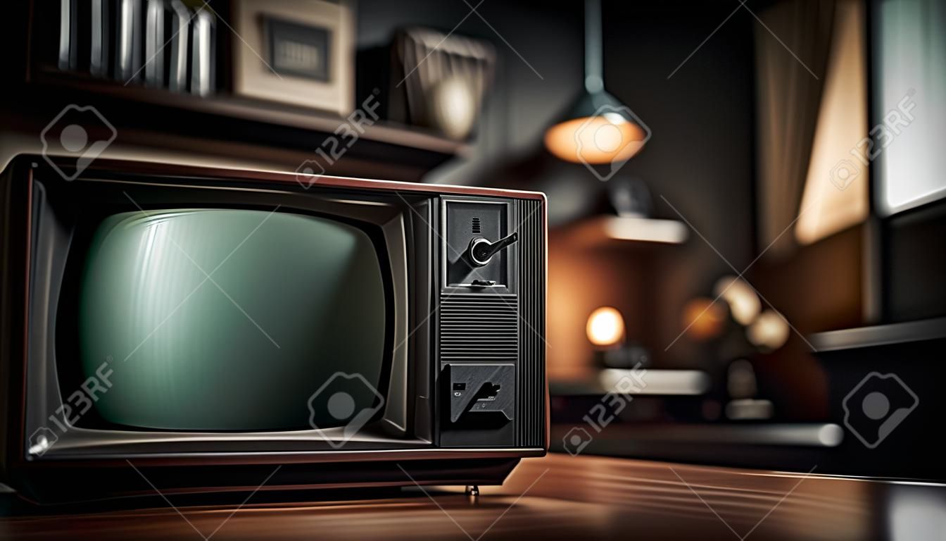 illustration of an old retro television in a dimly lit room. The television is the focal point, casting a warm glow in the otherwise dark space
