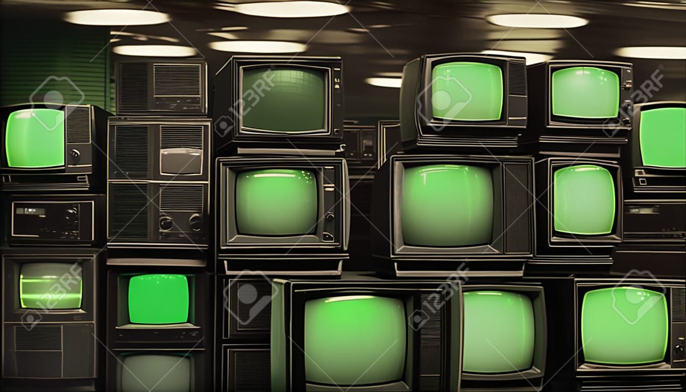 illustration of a dark and illuminated room full of old CRT televisions with green screens. The room is filled with the glow of the screens, creating an eerie atmosphere.