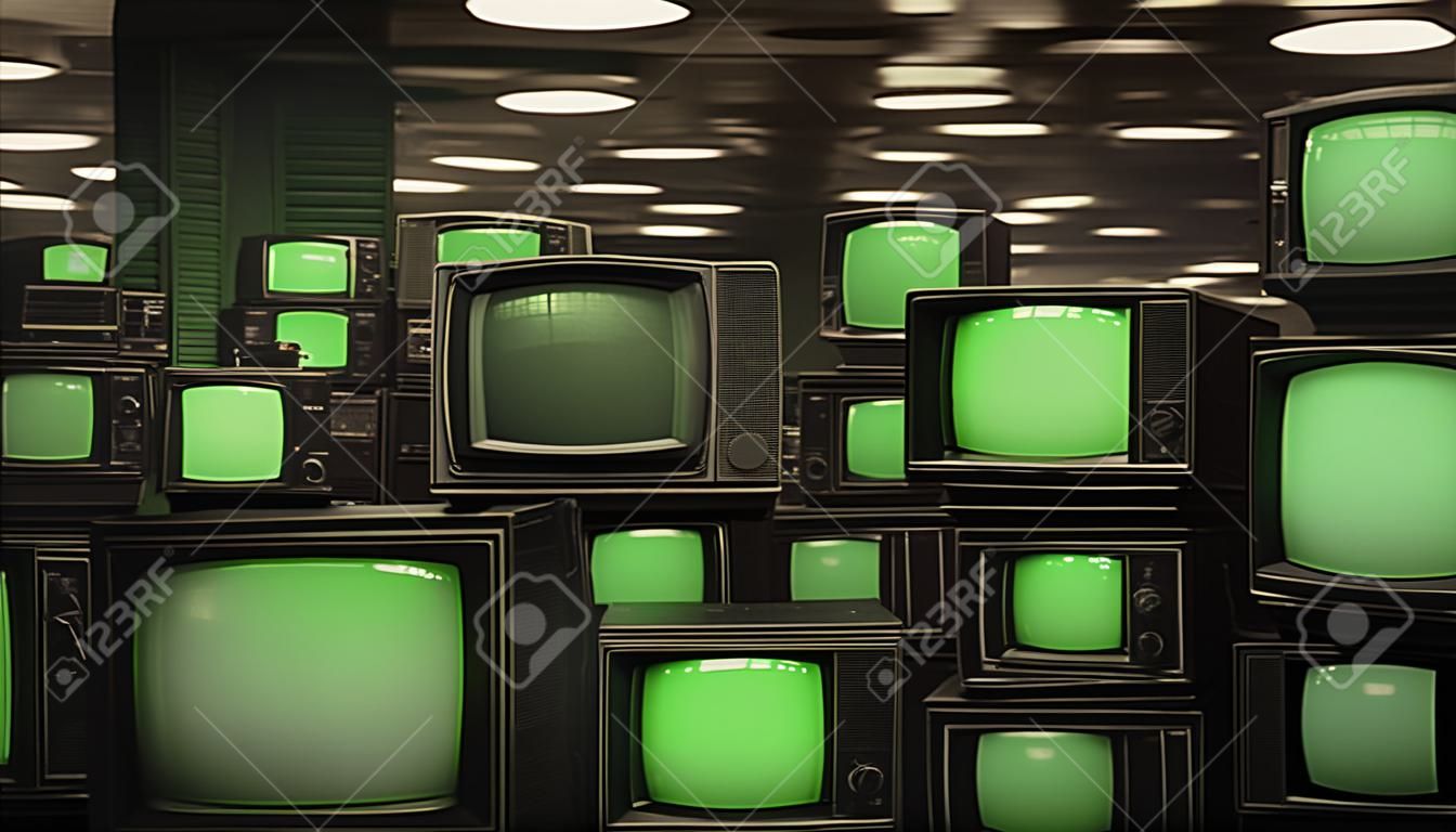 illustration of a dark and illuminated room full of old CRT televisions with green screens. The room is filled with the glow of the screens, creating an eerie atmosphere.