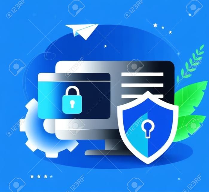 Internet security, data protection flat illustration concept. Computer with protection shield. Vector design concepts for banners, web sites, infographics and presentation.