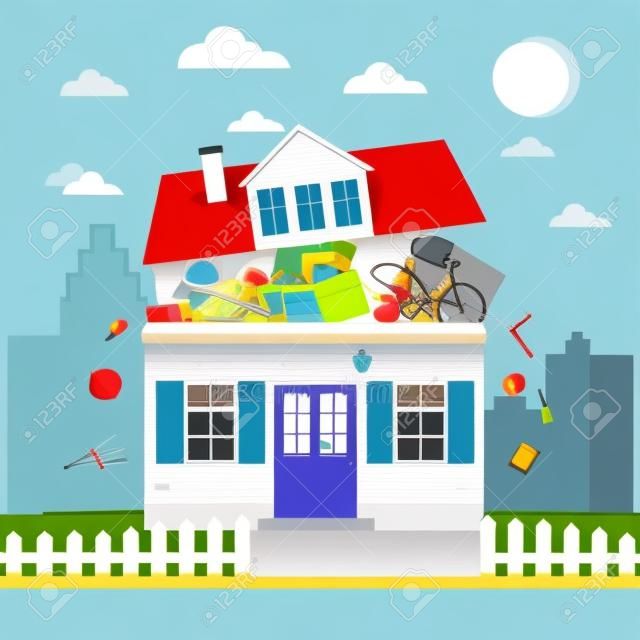 The concept of excessive consumption. House bursting of stuff. Vector illustration.