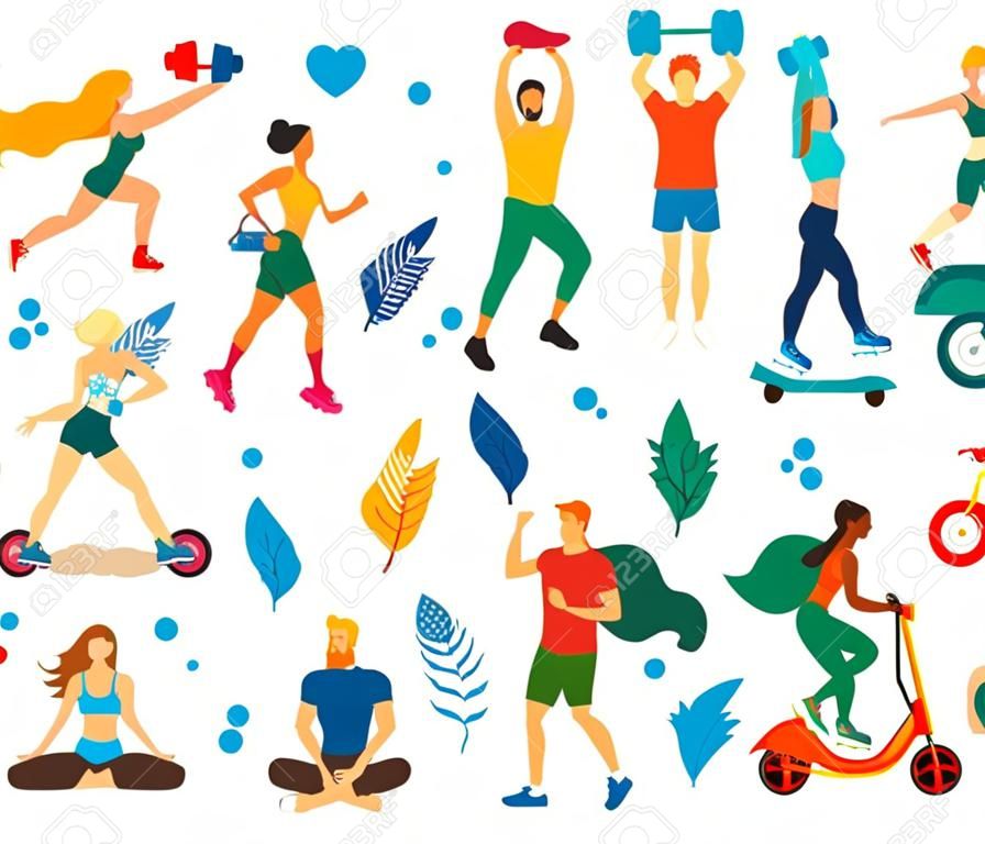 Gezonde levensstijl. Verschillende fysieke activiteiten: hardlopen, rolschaatsen, dansen, bodybuilding, yoga, fitness, scooter, nordic walking. Platte vector illustratie.