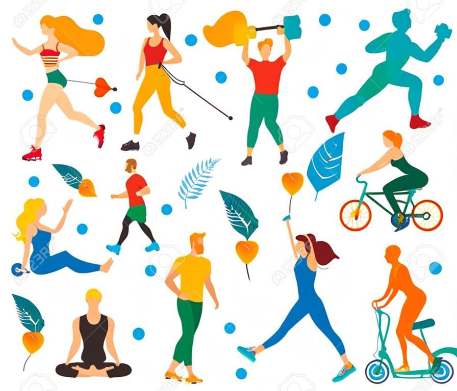 Gezonde levensstijl. Verschillende fysieke activiteiten: hardlopen, rolschaatsen, dansen, bodybuilding, yoga, fitness, scooter, nordic walking. Platte vector illustratie.
