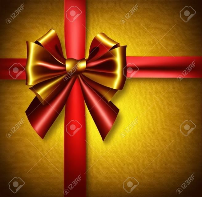 Golden beautiful realistic bow with satin ribbon for gift wrap on black background. Vector illustration.
