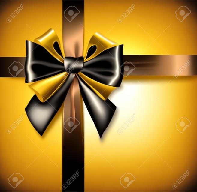 Bellissimo arco realistico dorato con nastro di raso per carta da regalo su sfondo nero. Illustrazione vettoriale.