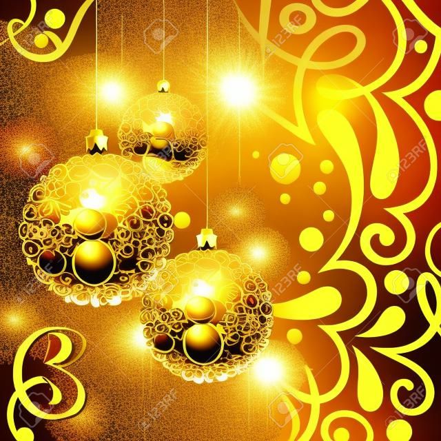 Merry Christmas and Happy New Year ornate poster with golden Christmas balls. Vector background.