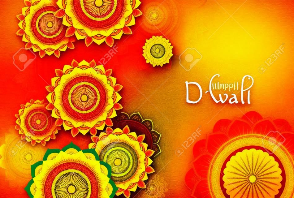 Scheda festiva indù Diwali felice giallo con ornamento mandala tradizionale colorato. Sfondo vettoriale.