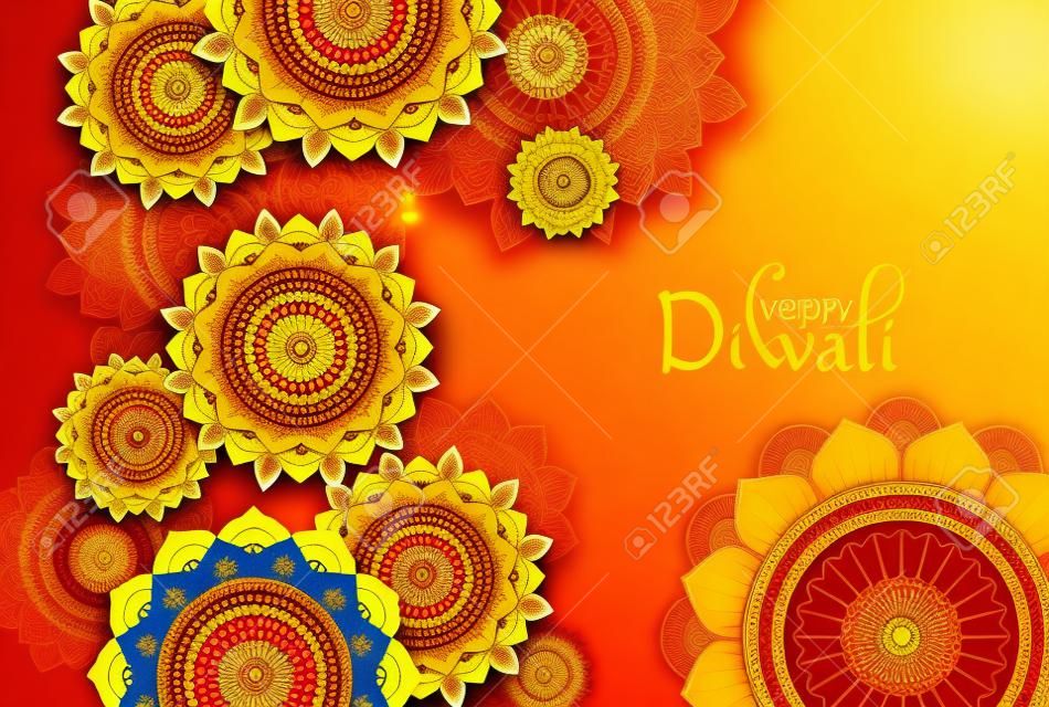 Gelbe glückliche hinduistische festliche Diwali-Karte mit bunter traditioneller Mandalaverzierung. Vektor-Hintergrund.