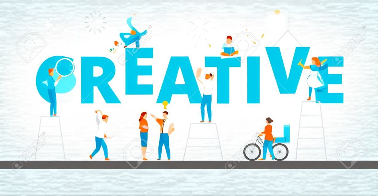 White creative banner with people working on art project. Teamwork, design and new solutions. Vector background, flat style.