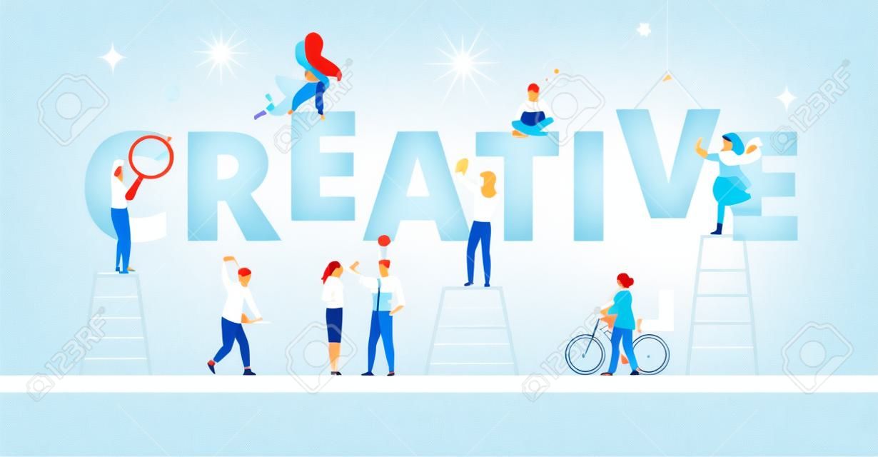 Banner creativo bianco con persone che lavorano su progetti artistici. Lavoro di squadra, design e nuove soluzioni. Sfondo vettoriale, stile piatto.
