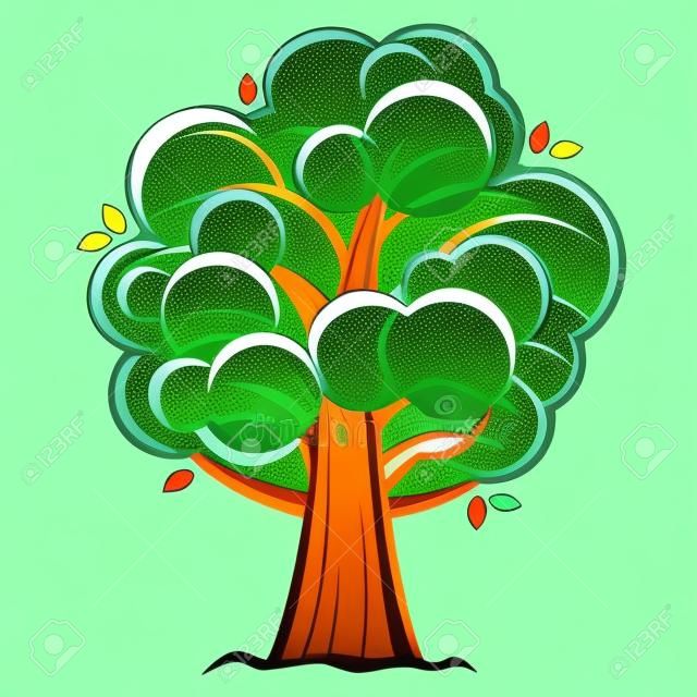 Árbol de la historieta, roble verde con follaje exuberante. ilustración vectorial