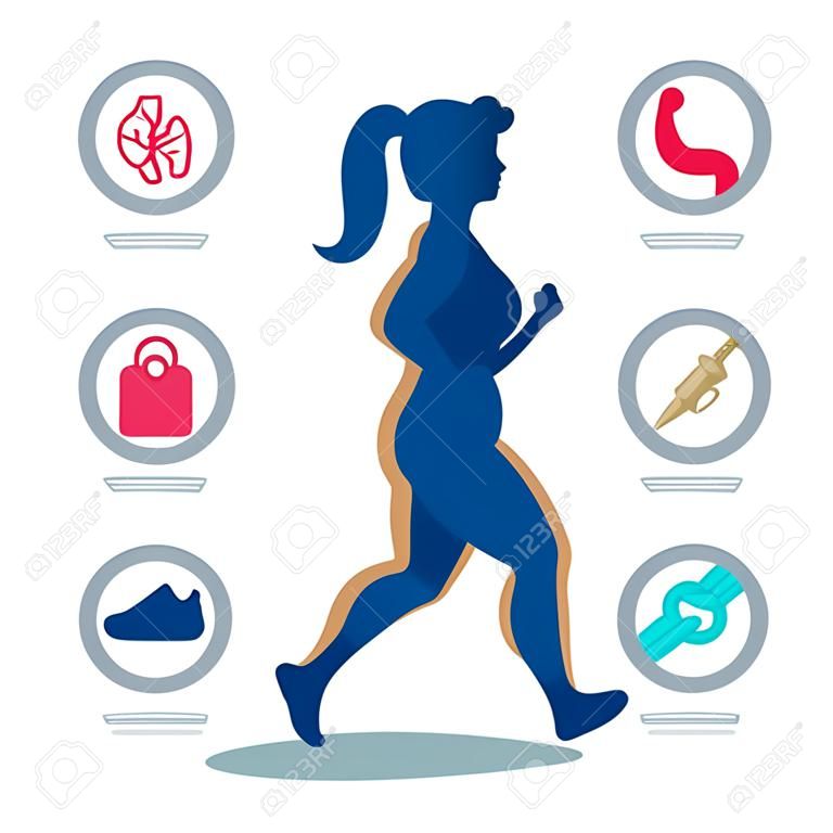 慢跑的女人，運行信息圖表元素，體重減輕心肺功能訓練。矢量插圖