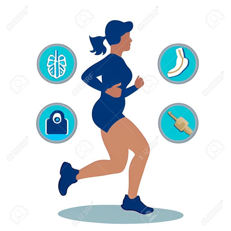 慢跑的女人，運行信息圖表元素，體重減輕心肺功能訓練。矢量插圖