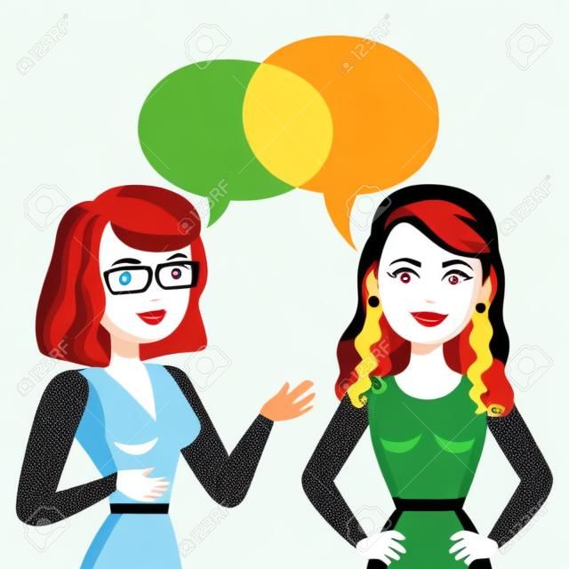 Two young women talking. Meeting colleagues or friends. Gossip girls. Vector illustration