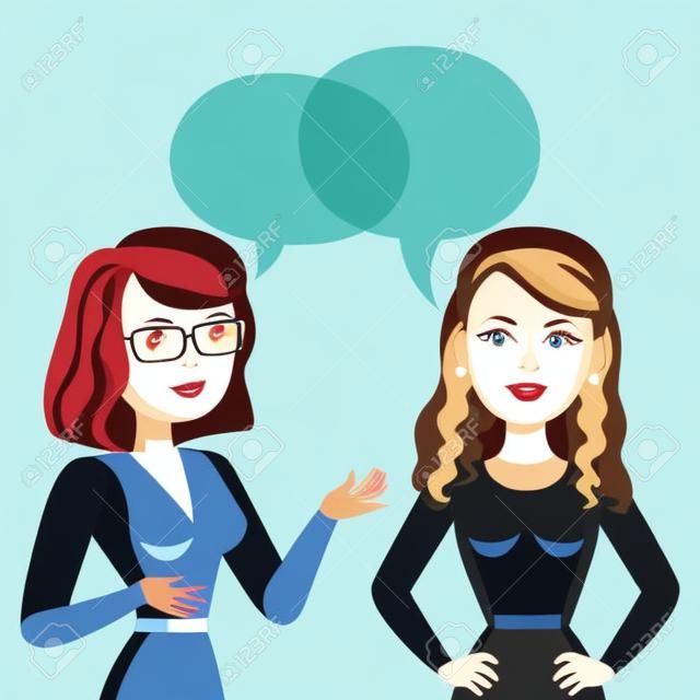 Две молодые женщины говорят. Встреча с коллегами или друзьями. Сплетница. Векторная иллюстрация