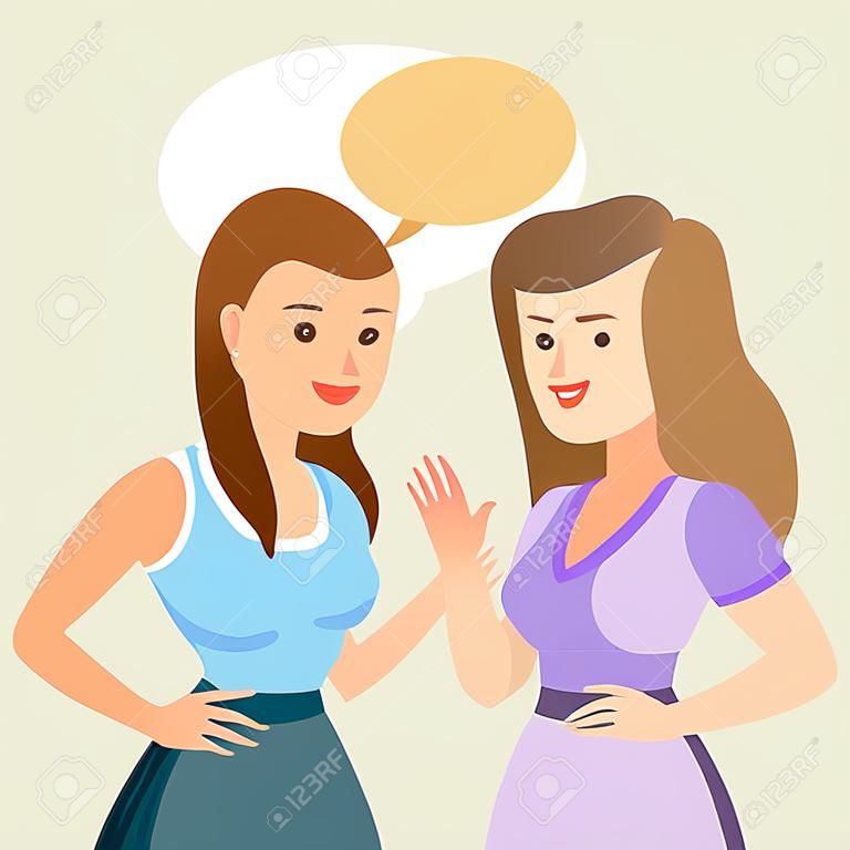 Duas mulheres jovens falando. Encontro colegas ou amigos. Ilustração vetorial
