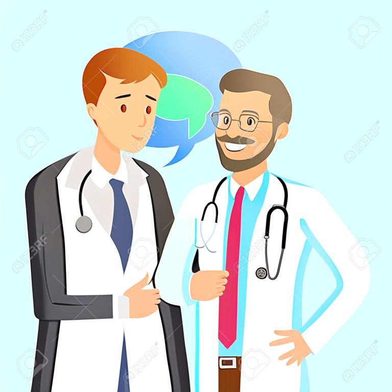 Orvos és a beteg. Ember beszél az orvos. Vektor illusztráció