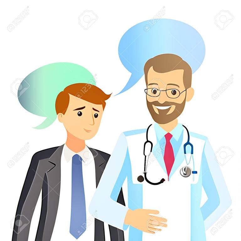 Orvos és a beteg. Ember beszél az orvos. Vektor illusztráció
