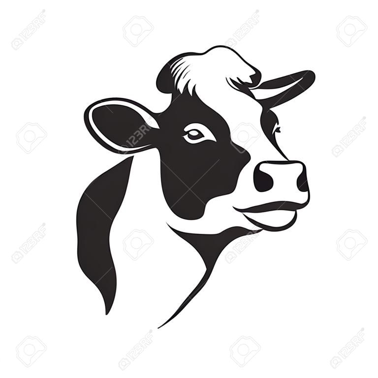 Tête de vache symbole stylisé, portrait de vache. Silhouette d'animaux de ferme, bovins. Emblème, logo ou étiquette pour la conception. Illustration vectorielle