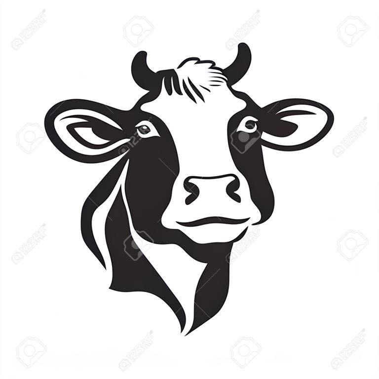 Cow head stylized symbol, cow portrait. Silhouette of farm animal, cattle. Emblem, logo or label for design. Vector illustration