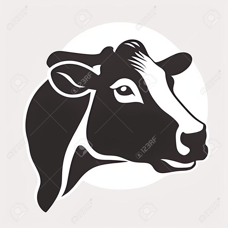 Símbolo estilizado de cabeza de vaca, retrato de vaca. Silueta de animales de granja, ganado. Emblema, logotipo o etiqueta para el diseño. Ilustración vectorial