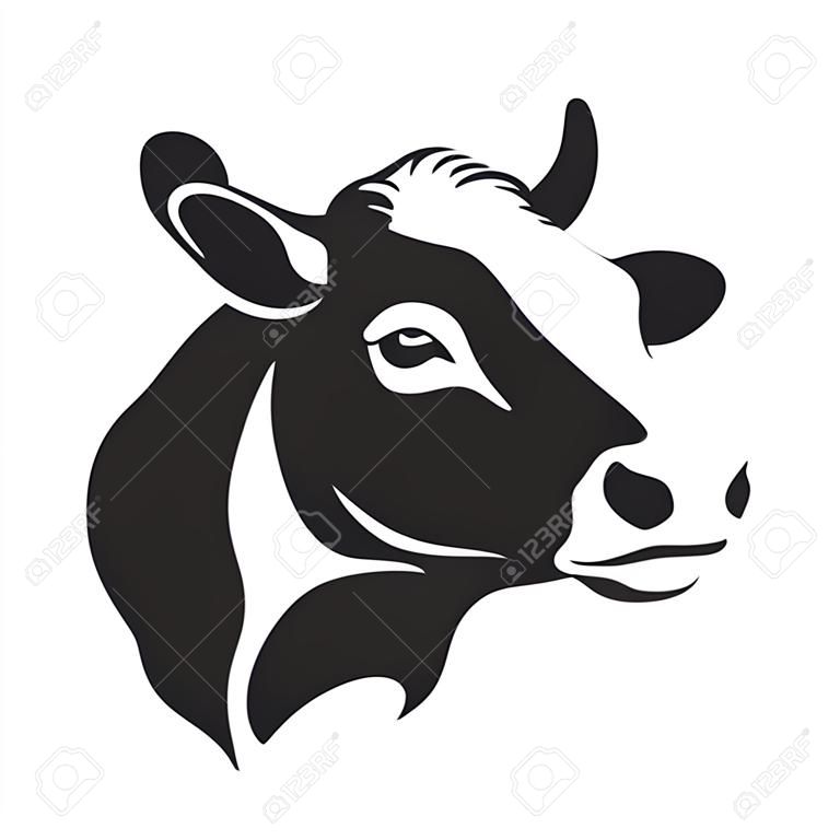 Cow head stylized symbol, cow portrait. Silhouette of farm animal, cattle. Emblem, logo or label for design. Vector illustration