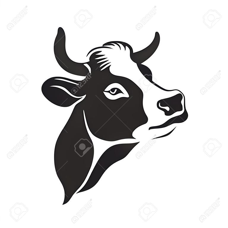 Testa di mucca simbolo stilizzato, ritratto di mucca. Silhouette di animali da fattoria, bovini. Emblema, logo o etichetta per il design. Illustrazione vettoriale