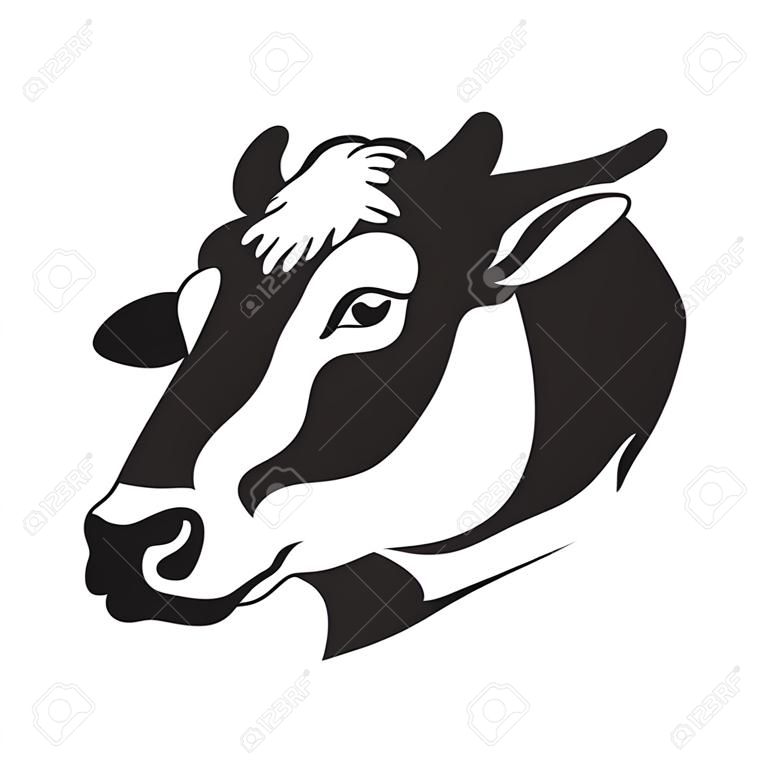 암소 머리 양식 된 기호, 암소 초상화입니다. 농장 동물, 소의 실루엣입니다. 디자인을위한 상징, 로고 또는 라벨. 벡터 일러스트 레이 션