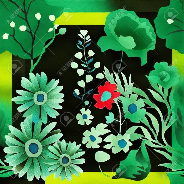 Silk scarf with flowers and leaves on dark green background.