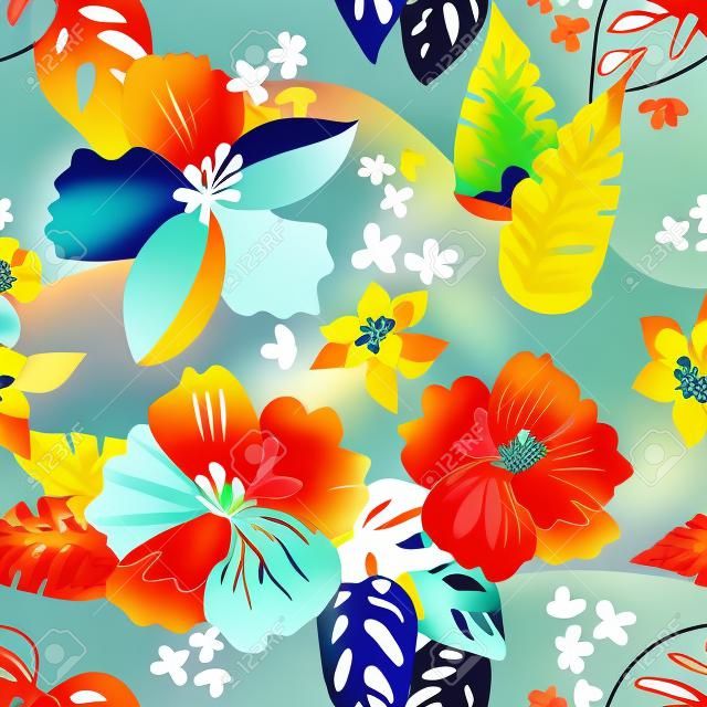 Large flowers and palm leaves on contrast background. Summer textile collection.