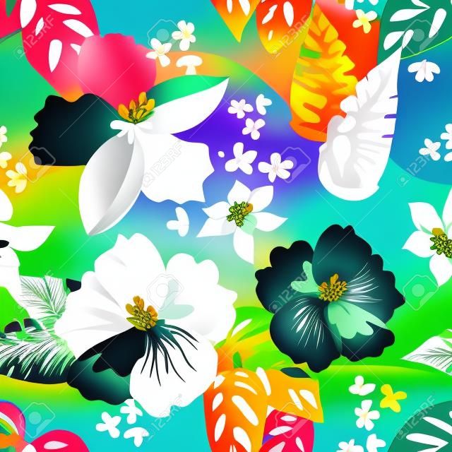 Large flowers and palm leaves on contrast background. Summer textile collection.