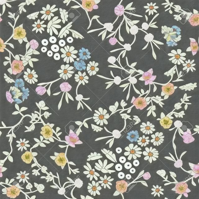 Patrón de tela de moda con flores en miniatura. Estampado botánico sin costuras con diferentes elementos florales. Colección textil vintage.