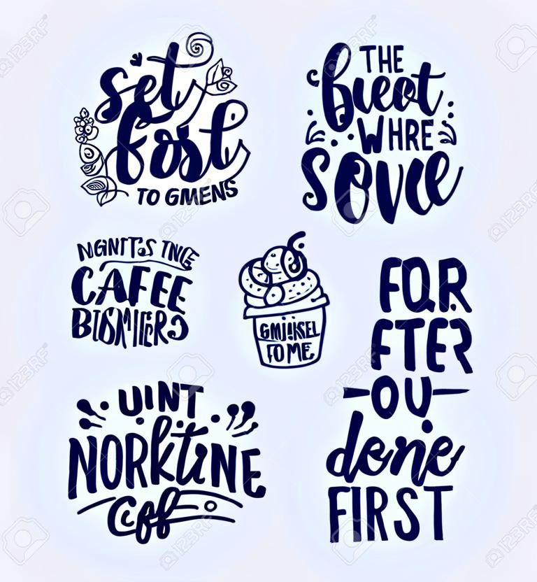 Set with funny sayings, inspirational quotes for cafe or bakery print. Embossed tape and brush calligraphy. Dessert lettering slogans in hand drawn style. Vector illustration