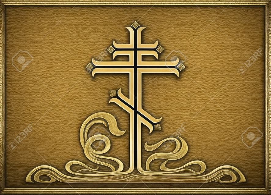 Orthodox cross, crucifix with decorative elements. Art-nouveau style.