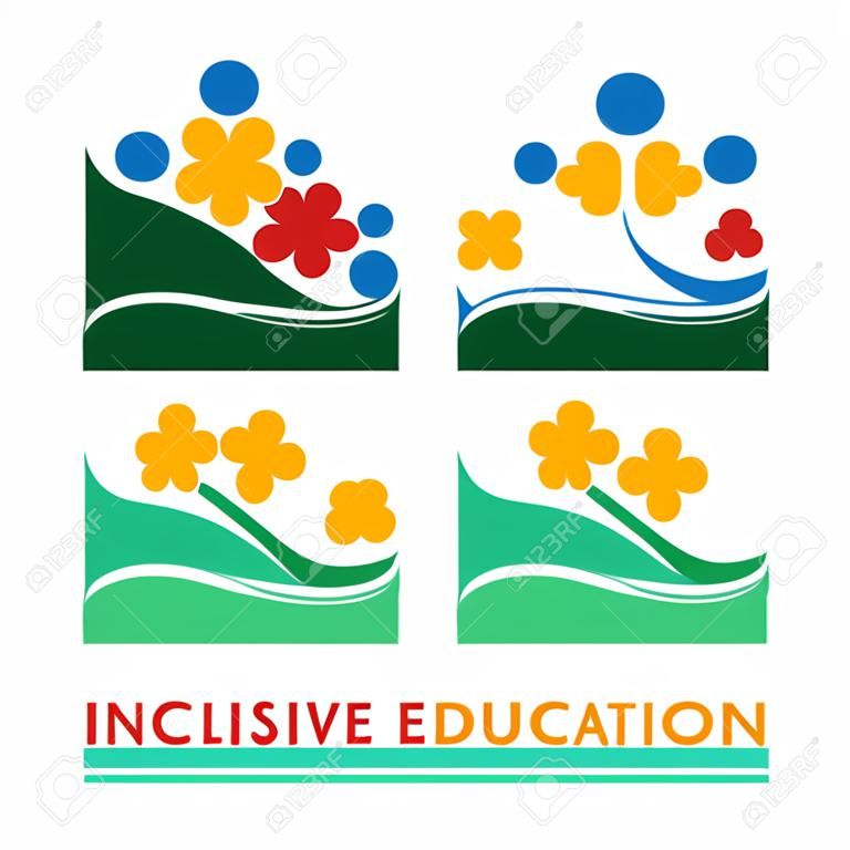 包容性教育的標誌，不同的人平等的概念。書和不同顏色的花。